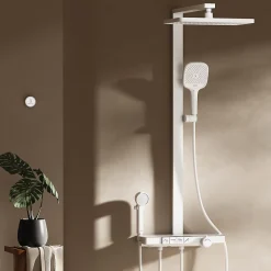 EMKE Colonne de douche avec thermostat Télécommande Douche pluie étagère en verre avec des enfants porte douchette blanc