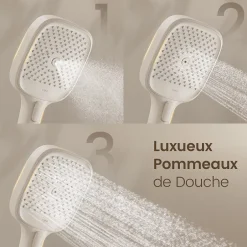 EMKE Colonne de douche avec thermostat Télécommande Douche pluie étagère en verre avec des enfants porte douchette blanc
