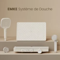 EMKE Colonne de douche avec thermostat Télécommande Douche pluie étagère en verre avec des enfants porte douchette blanc