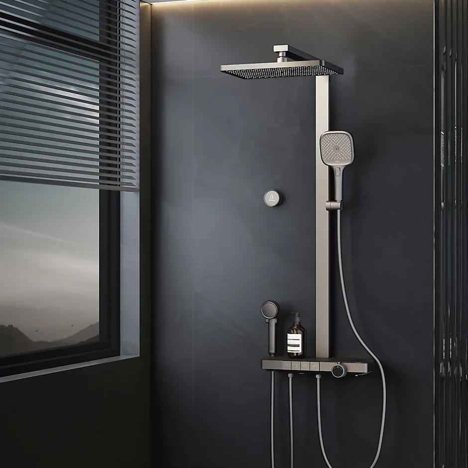 EMKE Colonne de douche avec thermostat Télécommande Douche pluie étagère en verre avec des enfants porte douchette anthracite* Colonne De Douche Thermostatique