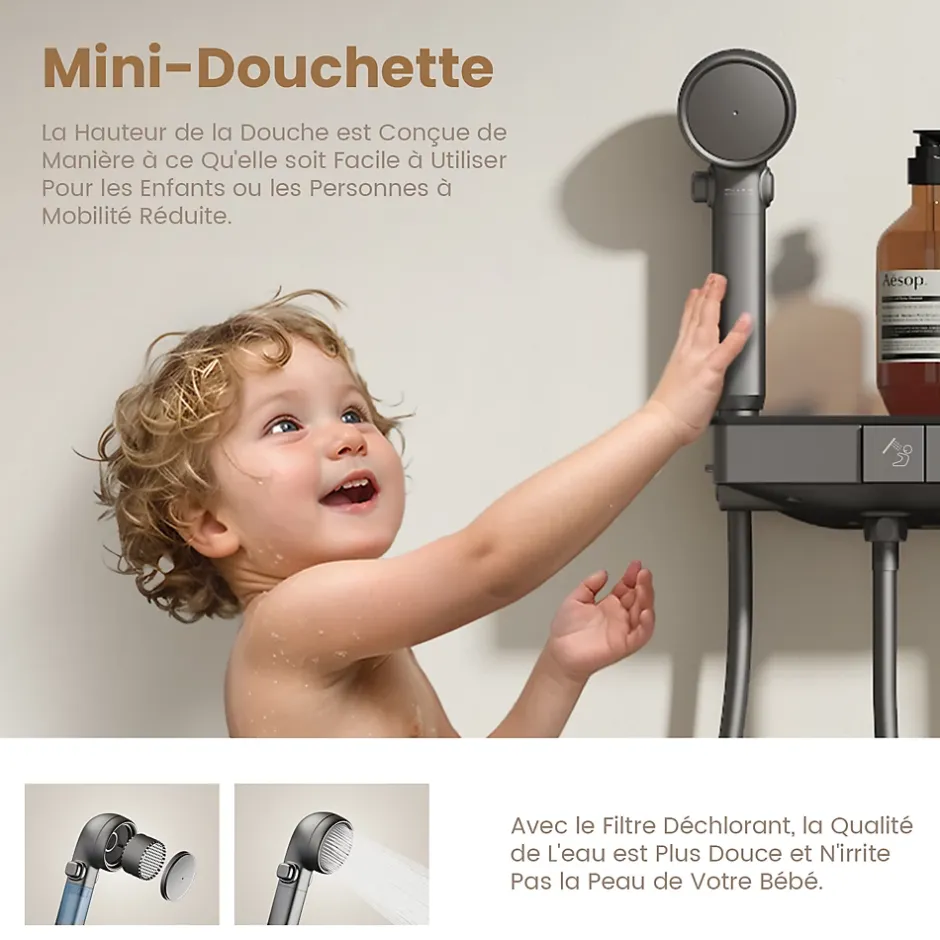 EMKE Colonne de douche avec thermostat Télécommande Douche pluie étagère en verre avec des enfants porte douchette anthracite* Colonne De Douche Thermostatique