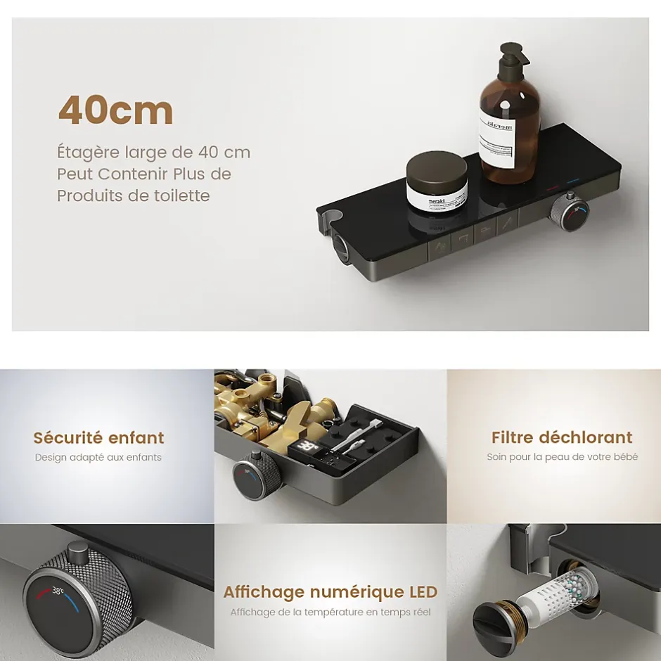 EMKE Colonne de douche avec thermostat Télécommande Douche pluie étagère en verre avec des enfants porte douchette anthracite* Colonne De Douche Thermostatique