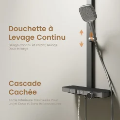 EMKE Colonne de douche avec thermostat Télécommande Douche pluie étagère en verre avec des enfants porte douchette anthracite* Colonne De Douche Thermostatique