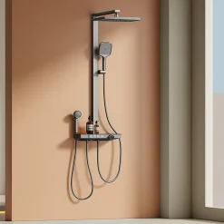 EMKE Colonne de douche avec thermostat Télécommande Douche pluie étagère en verre avec des enfants porte douchette anthracite* Colonne De Douche Thermostatique