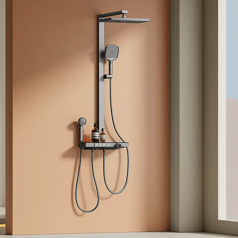 EMKE Colonne de douche avec thermostat Télécommande Douche pluie étagère en verre avec des enfants porte douchette anthracite* Colonne De Douche Thermostatique