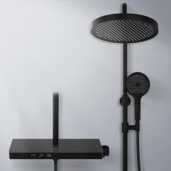 EMKE Colonne de Douche avec douche theramostat à Grande douche de tête et douchette multimode, Cercle, noir* Colonne De Douche Thermostatique