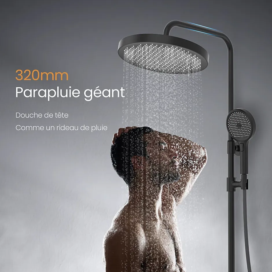 EMKE Colonne de Douche avec douche theramostat à Grande douche de tête et douchette multimode, Cercle, noir* Colonne De Douche Thermostatique