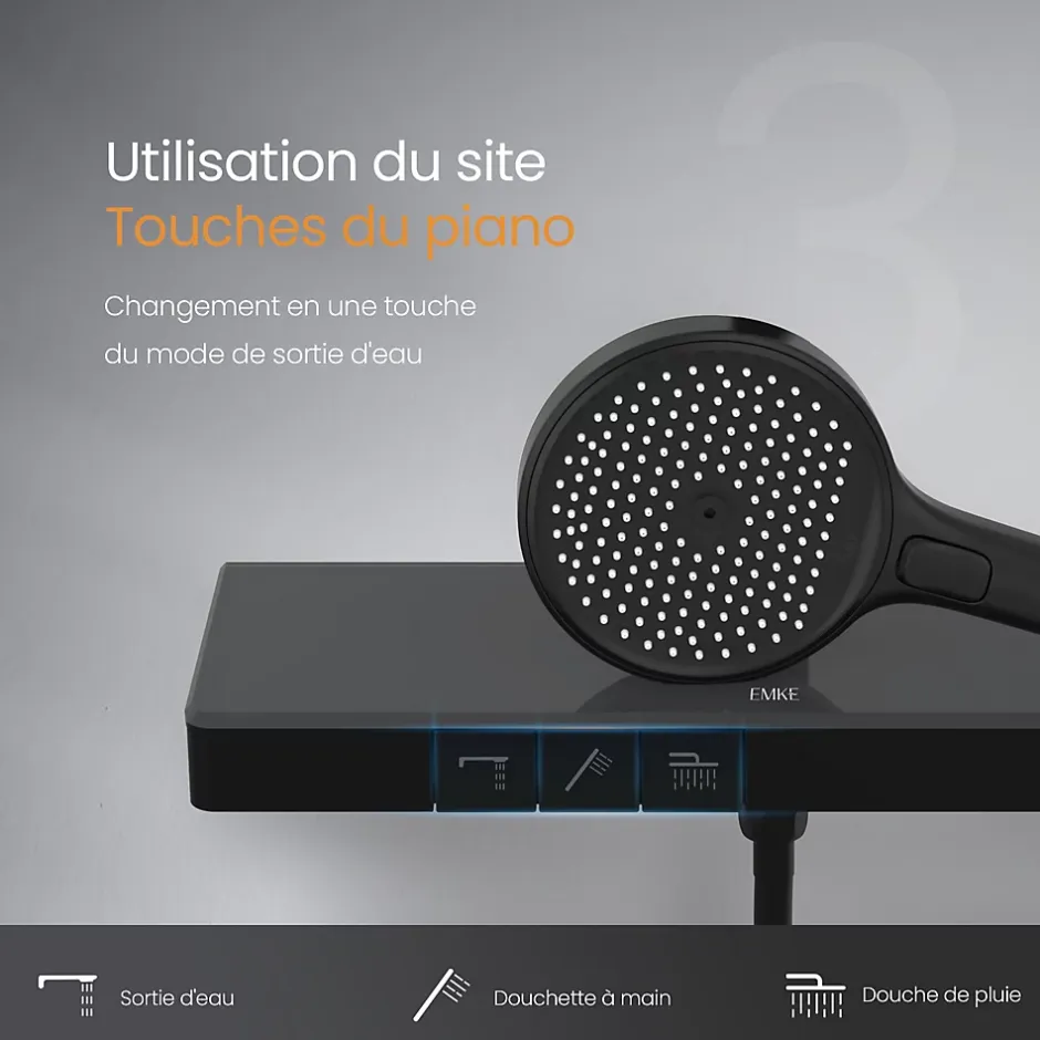 EMKE Colonne de Douche avec douche theramostat à Grande douche de tête et douchette multimode, Cercle, noir* Colonne De Douche Thermostatique