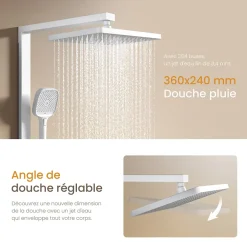 EMKE Colonne de douche thermostatique, pluie 36x24 cm, douchette 4 jets, débit réglable, barre et flexible inclus, blanc* Colonne De Douche Thermostatique