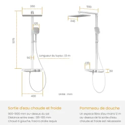 EMKE Colonne de douche thermostatique, pluie 36x24 cm, douchette 4 jets, débit réglable, barre et flexible inclus, blanc* Colonne De Douche Thermostatique