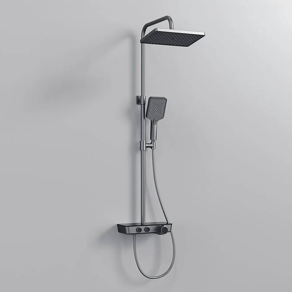 EMKE Colonne de douche thermostat, douchette à 3 puissances de jet, jet cascade, set de douche avec étagère en verre, anthracite* Colonne De Douche Thermostatique