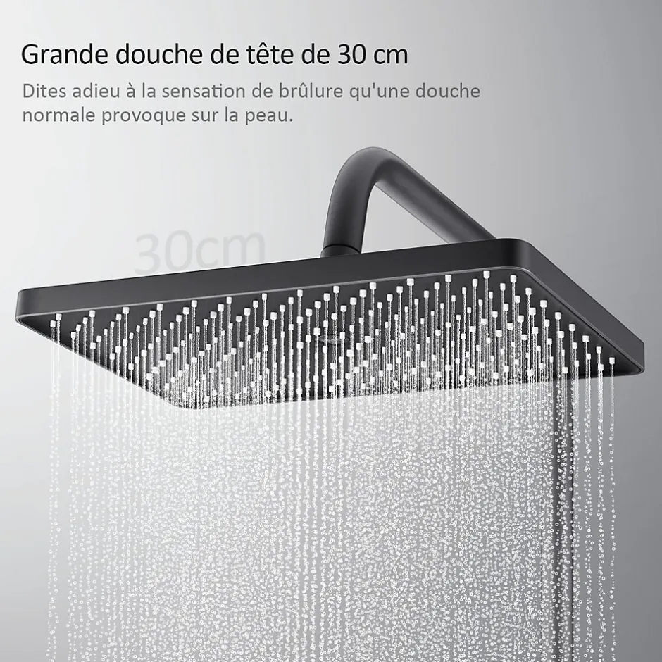 EMKE Colonne de douche thermostat, douchette à 3 puissances de jet, jet cascade, set de douche avec étagère en verre, anthracite* Colonne De Douche Thermostatique