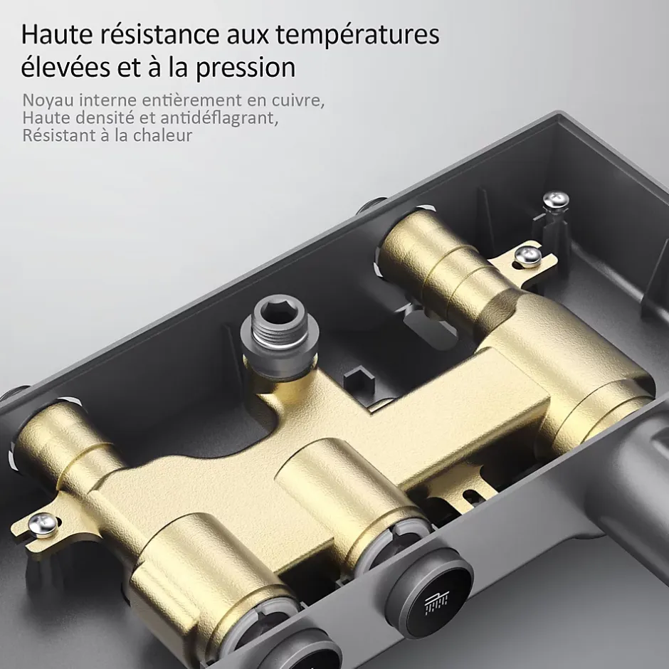 EMKE Colonne de douche thermostat, douchette à 3 puissances de jet, jet cascade, set de douche avec étagère en verre, anthracite* Colonne De Douche Thermostatique