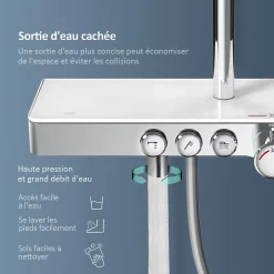 EMKE Colonne de douche Thermostat, 45 x 13 cm étagères en verre, 3 types de jets, douche à effet pluie, Certification KTW, Chrome