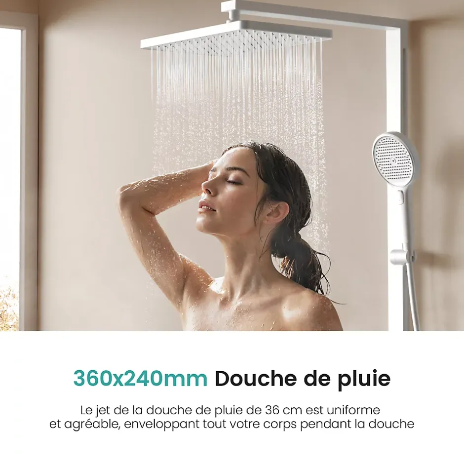 EMKE Colonne de douche thermostatique, plaque pluie 40 cm, douchette 4 jets, barre et robinetterie, blanc mat* Colonne De Douche Thermostatique