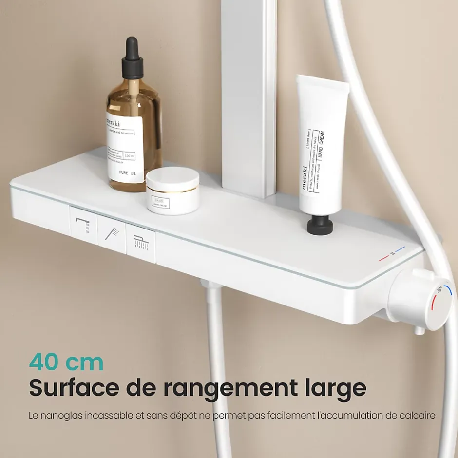 EMKE Colonne de douche thermostatique, plaque pluie 40 cm, douchette 4 jets, barre et robinetterie, blanc mat* Colonne De Douche Thermostatique