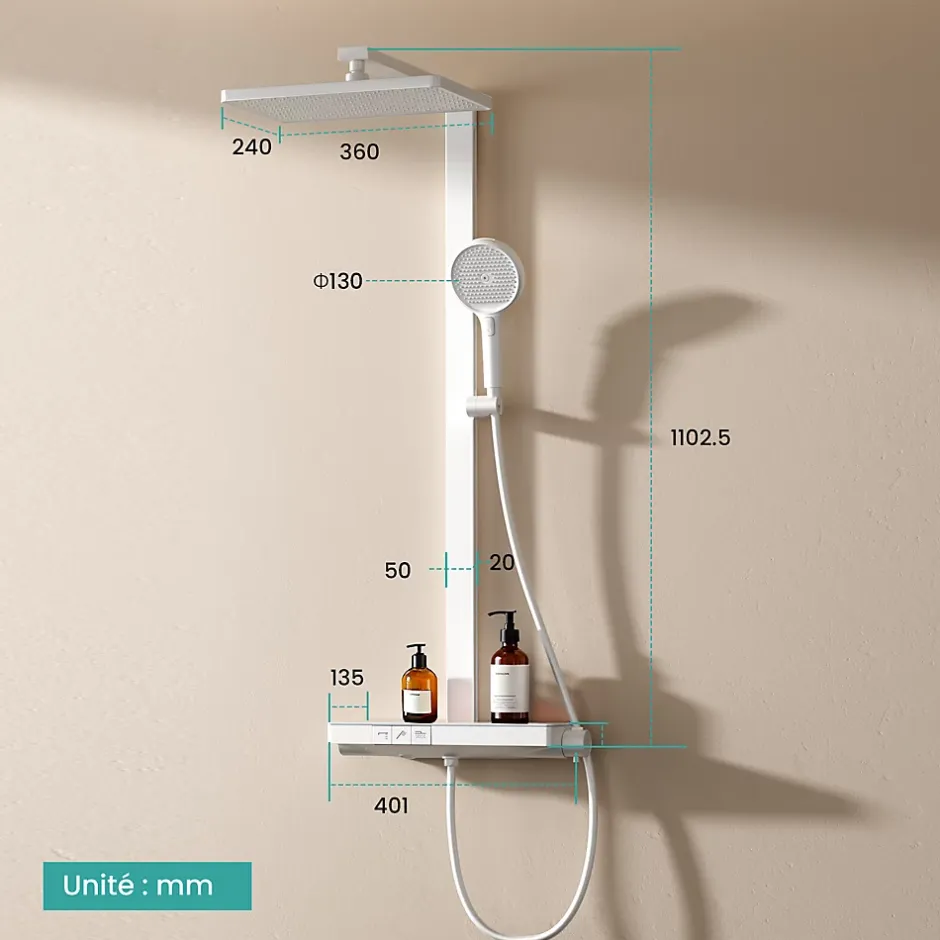EMKE Colonne de douche thermostatique, plaque pluie 40 cm, douchette 4 jets, barre et robinetterie, blanc mat* Colonne De Douche Thermostatique