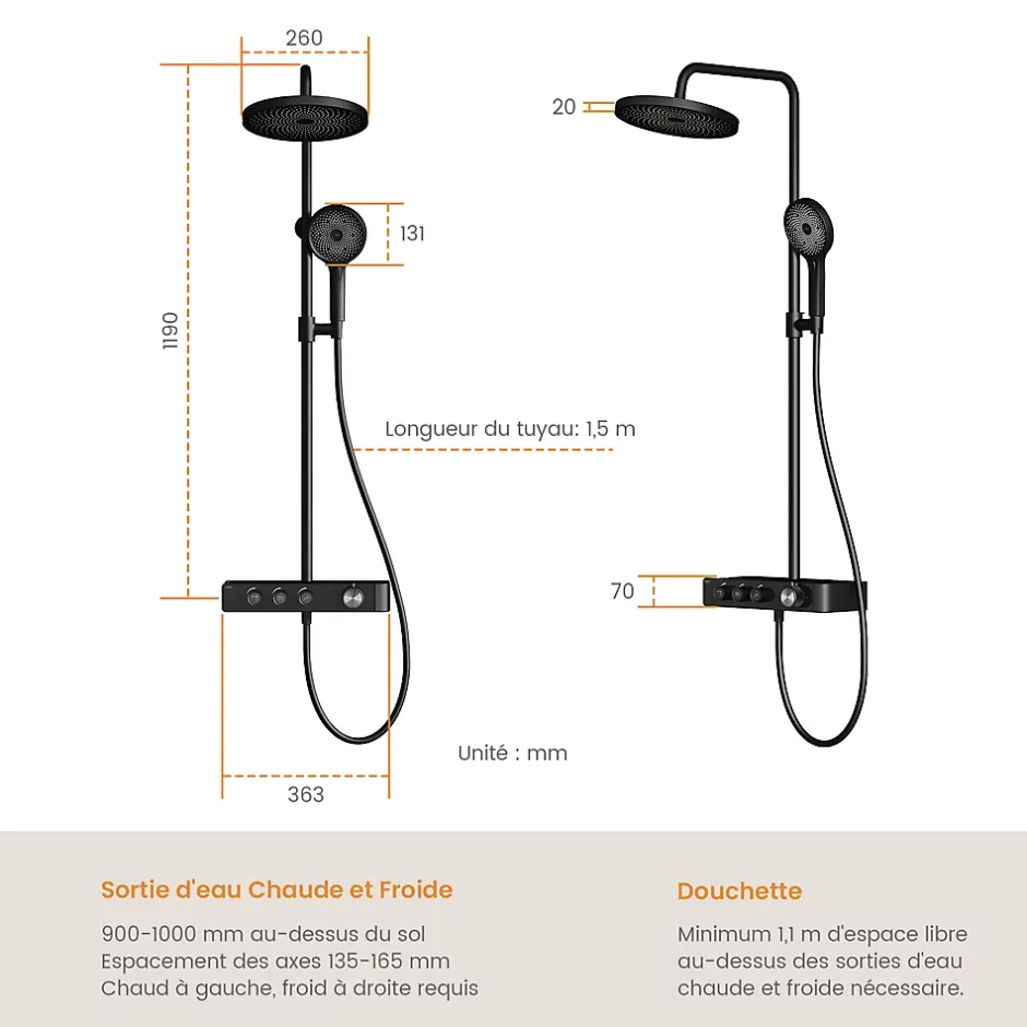 EMKE Colonne de douche Thermostat Noir - Effet pluie 26 cm, Douchette 3 jets, Régulation innovante du débit, Système de douche* Colonne De Douche Thermostatique