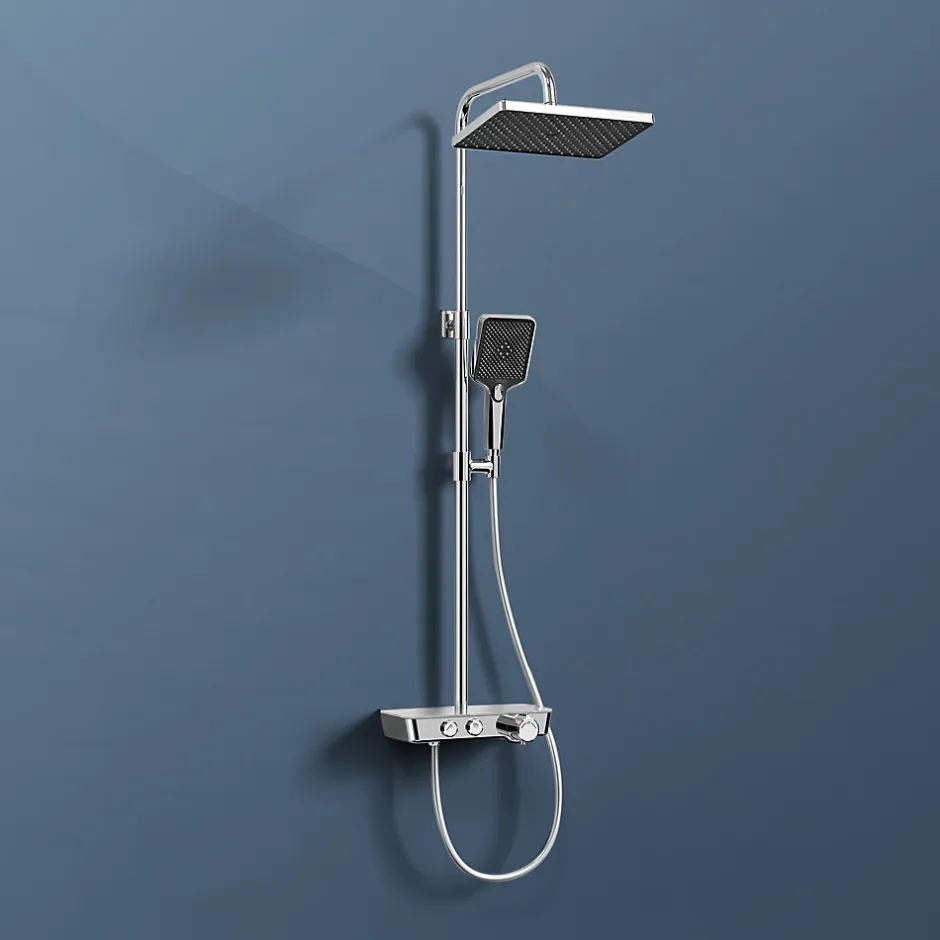 EMKE Colonne de douche thermostat, douchette à 3 puissances de jet, jet cascade, set de douche avec étagère en verre, Chrome