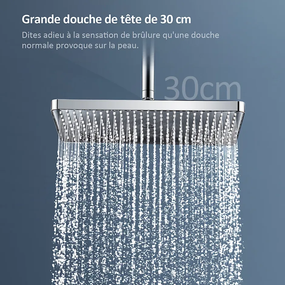 EMKE Colonne de douche thermostat, douchette à 3 puissances de jet, jet cascade, set de douche avec étagère en verre, Chrome
