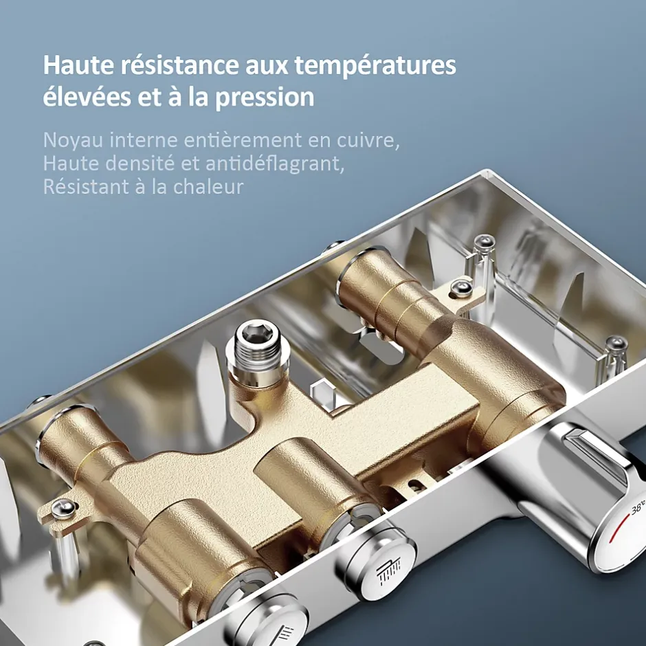 EMKE Colonne de douche thermostat, douchette à 3 puissances de jet, jet cascade, set de douche avec étagère en verre, Chrome