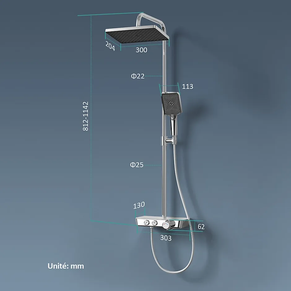 EMKE Colonne de douche thermostat, douchette à 3 puissances de jet, jet cascade, set de douche avec étagère en verre, Chrome