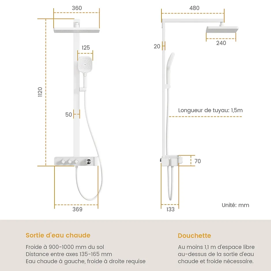 EMKE Colonne de Douche Thermostat, Pommeau Pluie 36x24 cm, Douchette 3 Jets, Blanc* Colonne De Douche Thermostatique