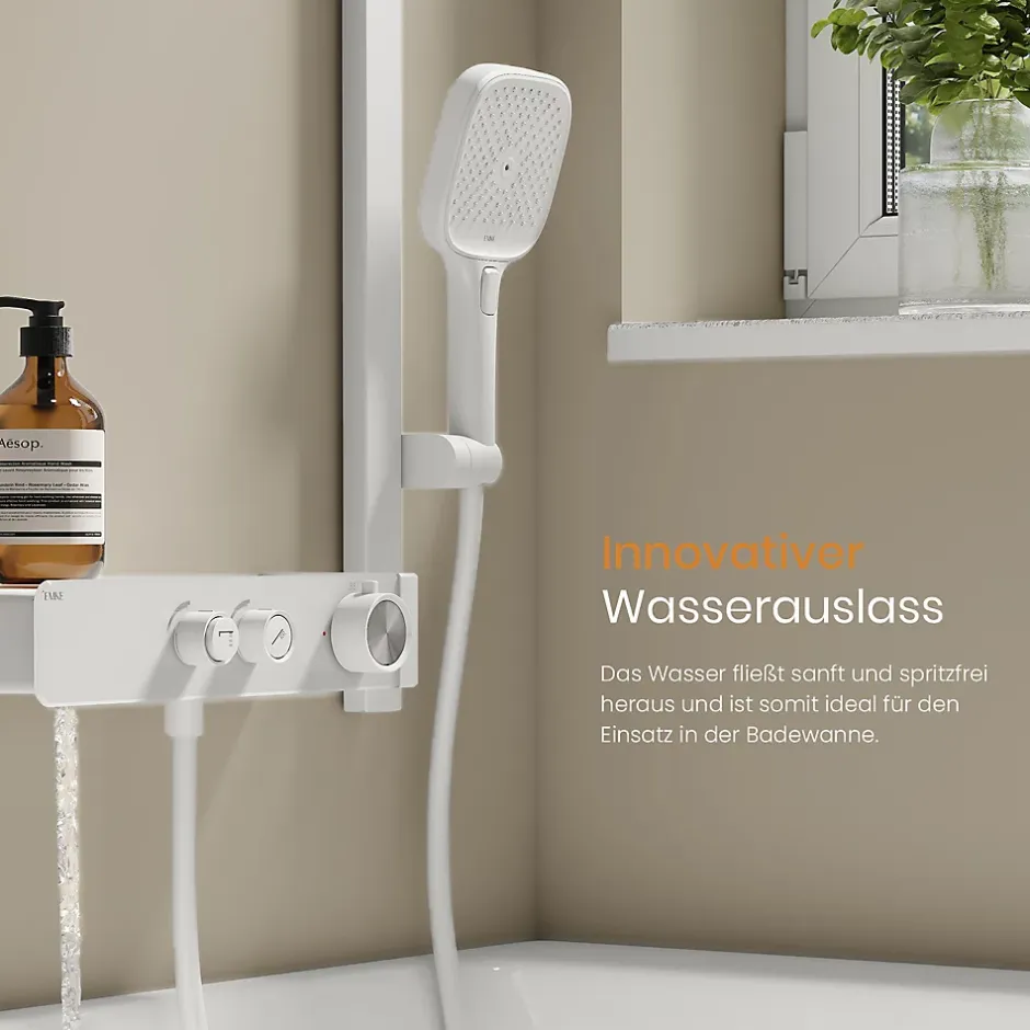 EMKE Colonne de Douche Thermostatique, Débit d'Eau Ajustable, Douchette 3 Fonctions, Kit de Douche, Blanc