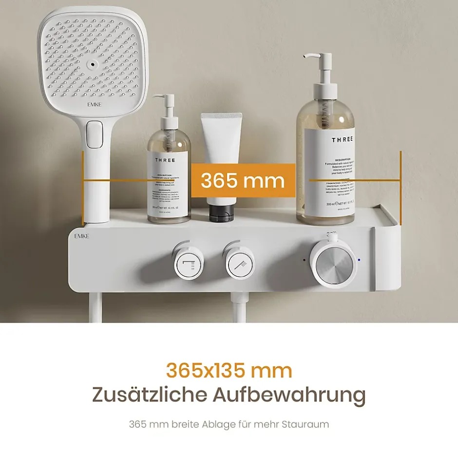 EMKE Colonne de Douche Thermostatique, Débit d'Eau Ajustable, Douchette 3 Fonctions, Kit de Douche, Blanc