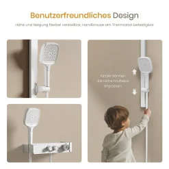 EMKE Colonne de Douche Thermostatique, Débit d'Eau Ajustable, Douchette 3 Fonctions, Kit de Douche, Blanc