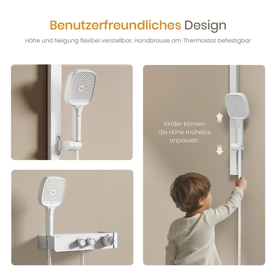 EMKE Colonne de Douche Thermostatique, Débit d'Eau Ajustable, Douchette 3 Fonctions, Kit de Douche, Blanc