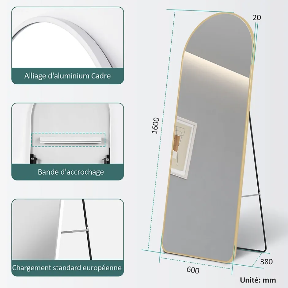 EMKE Grand miroir intégral avec cadre en aluminium doré, 160 x 60 cm, sur pied ou mural* Miroir Simple