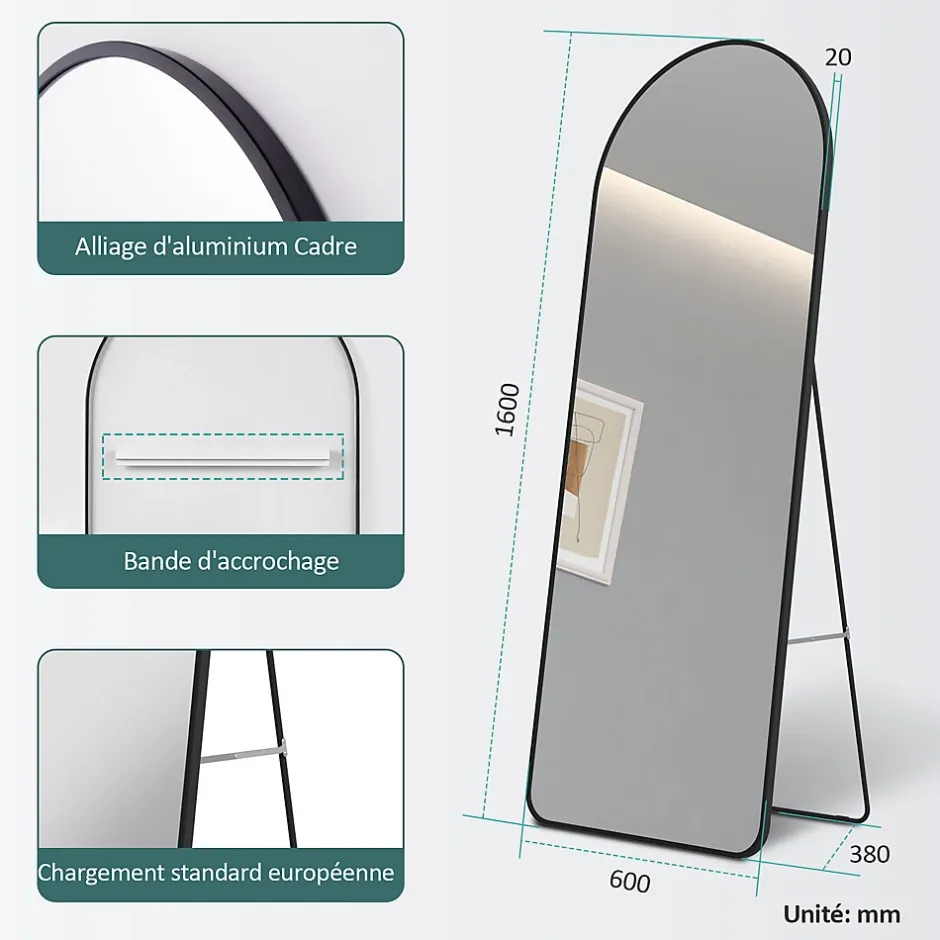 EMKE Grand miroir intégral avec cadre en aluminium noir, 160 x 60 cm, sur pied ou mural* Miroir Simple