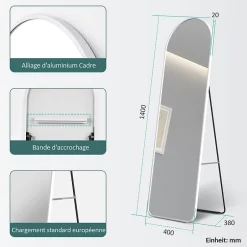 EMKE Grand miroir intégral avec cadre en aluminium blanc, 140 x 40 cm, sur pied ou mural* Miroir Simple