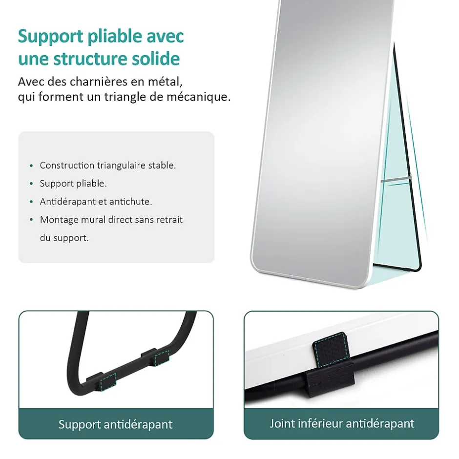 EMKE Grand miroir intégral avec cadre en aluminium blanc, 140 x 40 cm, sur pied ou mural* Miroir Simple