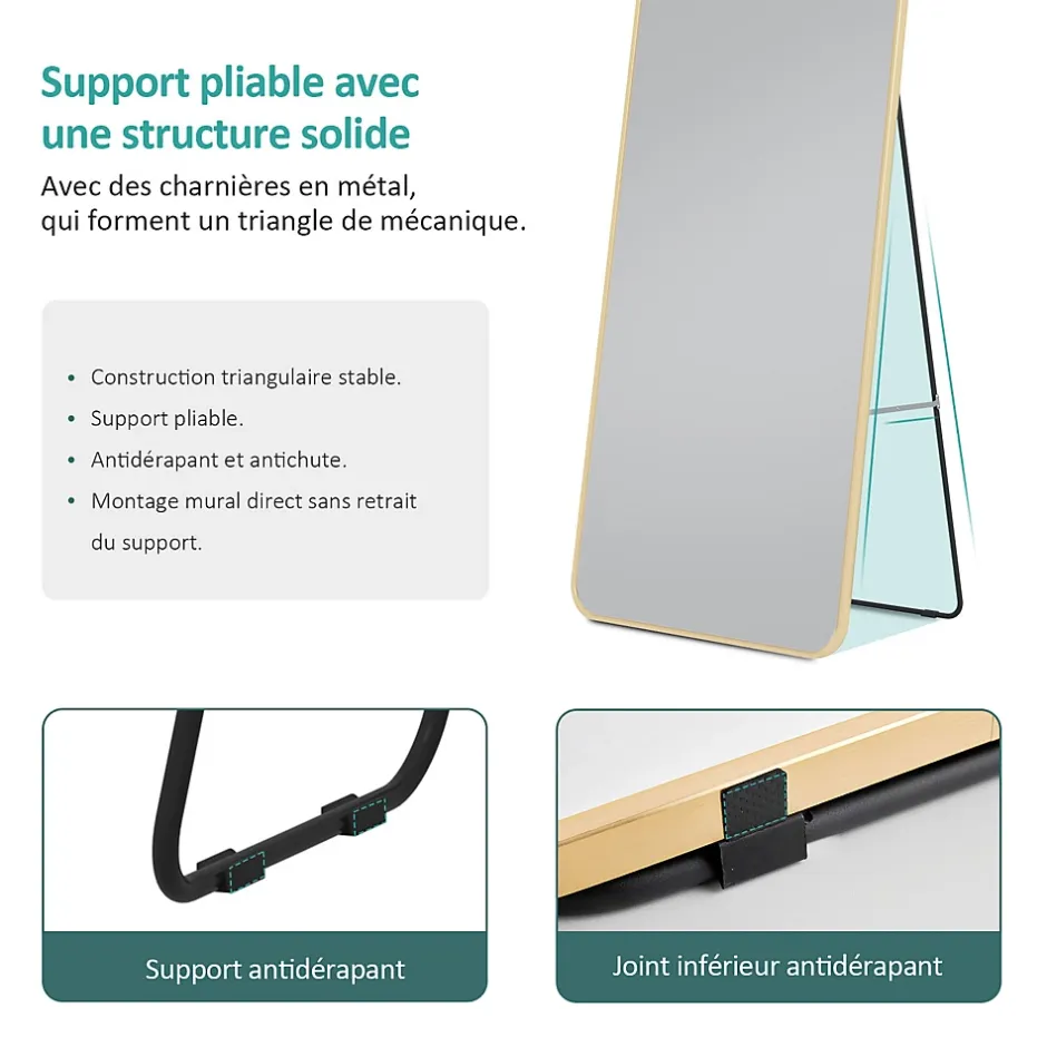 EMKE Grand miroir intégral avec cadre en aluminium doré, 147 x 45 cm, sur pied ou mural