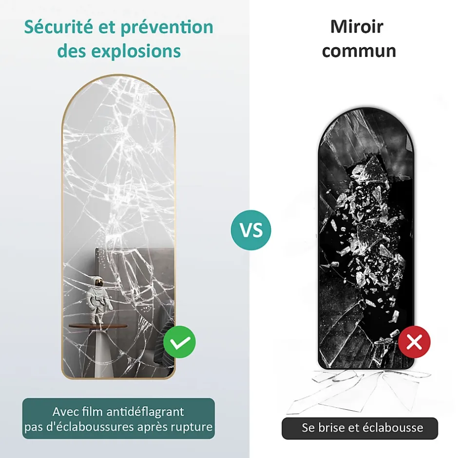 EMKE Grand miroir intégral avec cadre en aluminium doré, 147 x 45 cm, sur pied ou mural