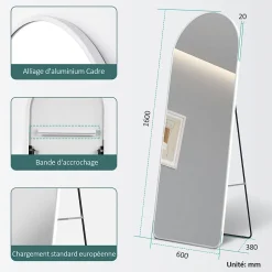 EMKE Grand miroir intégral avec cadre en aluminium blanc, 160 x 60 cm, sur pied ou mural* Miroir Simple