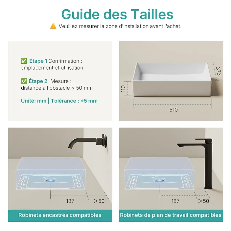 EMKE Lavabo en Céramique Blanc 510x370x110 mm, Vasque Carrée, Posable