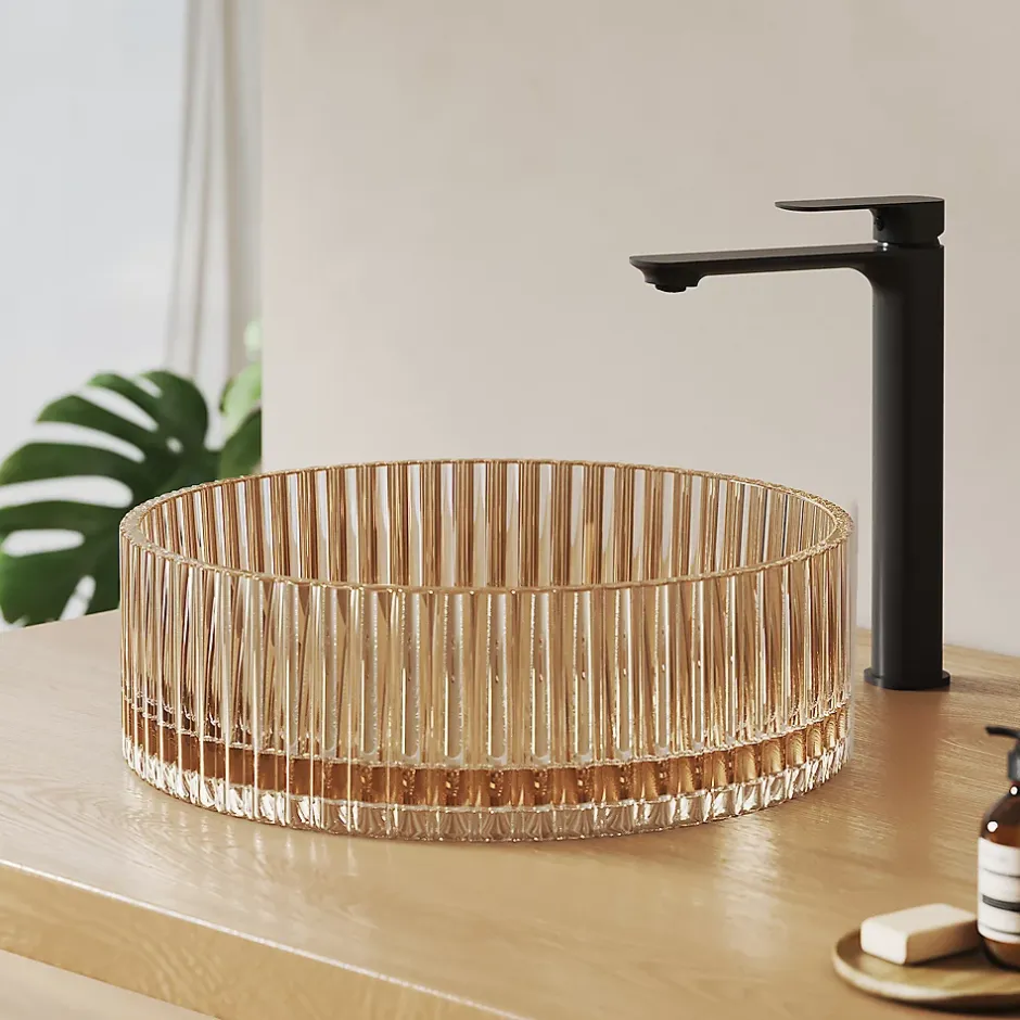 EMKE Lavabo en Verre Trempé Rond à Poser 400x400x120 mm, Vasque Salle de Bain, Rose Gold* Vasque À Poser