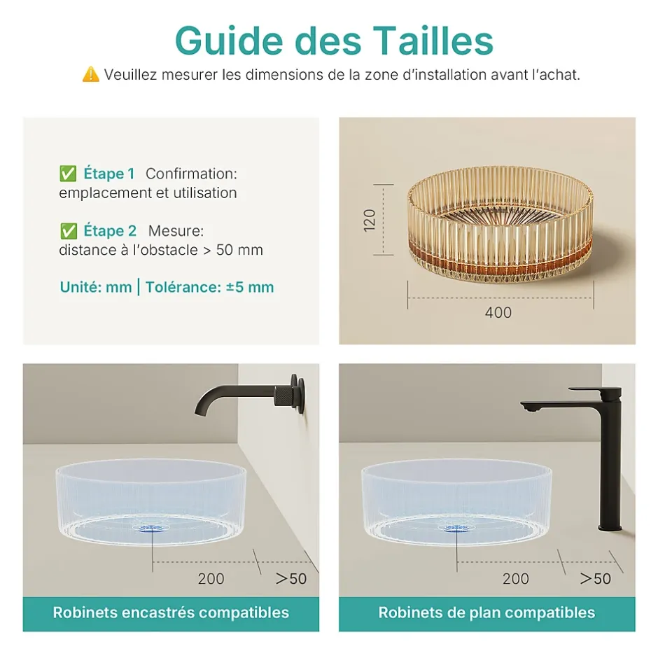 EMKE Lavabo en Verre Trempé Rond à Poser 400x400x120 mm, Vasque Salle de Bain, Rose Gold* Vasque À Poser