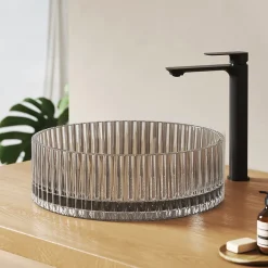 EMKE Lavabo en Verre Trempé Rond à Poser 400x400x120 mm, Vasque Salle de Bain, Gris Transparent* Vasque À Poser