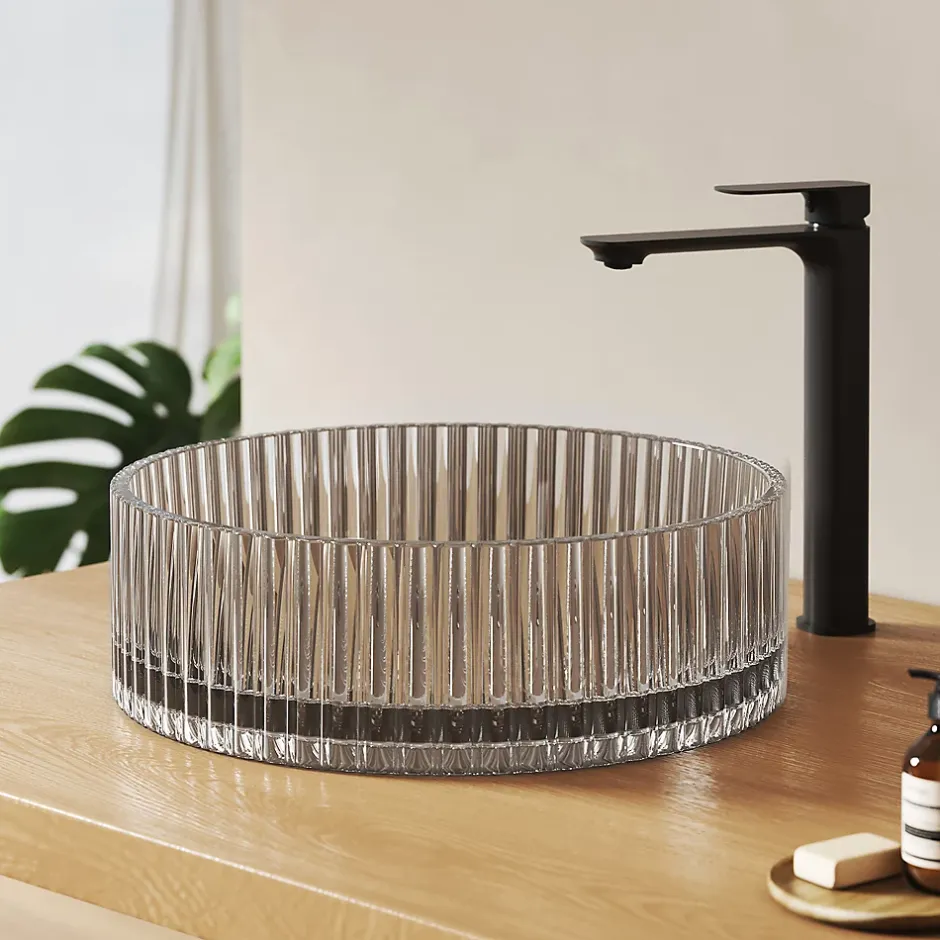 EMKE Lavabo en Verre Trempé Rond à Poser 400x400x120 mm, Vasque Salle de Bain, Gris Transparent* Vasque À Poser