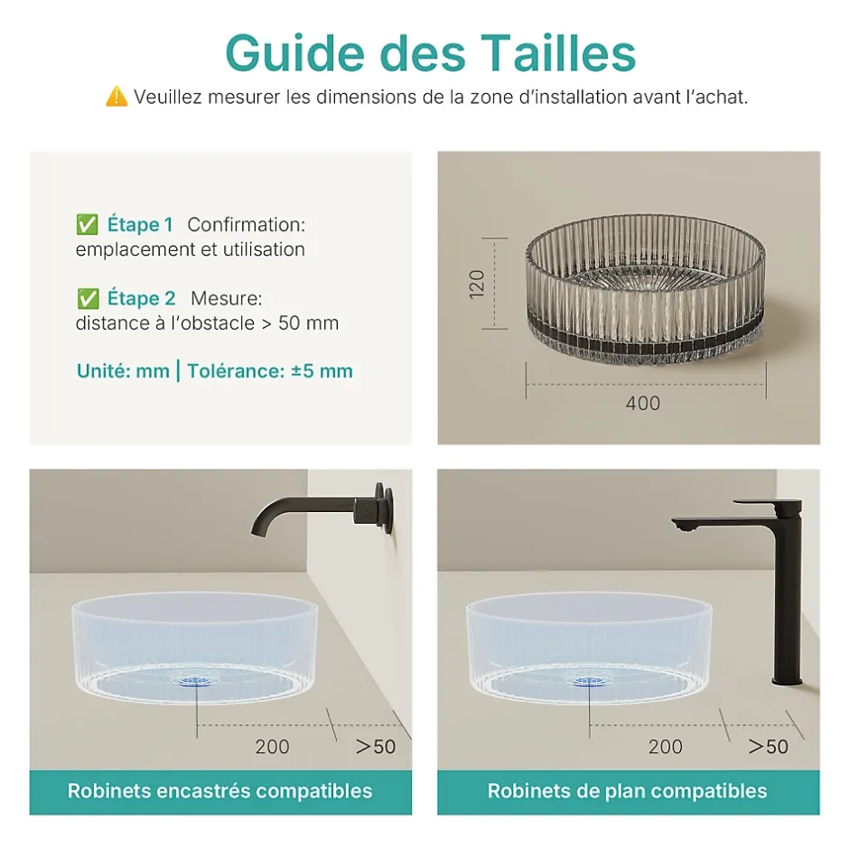 EMKE Lavabo en Verre Trempé Rond à Poser 400x400x120 mm, Vasque Salle de Bain, Gris Transparent* Vasque À Poser