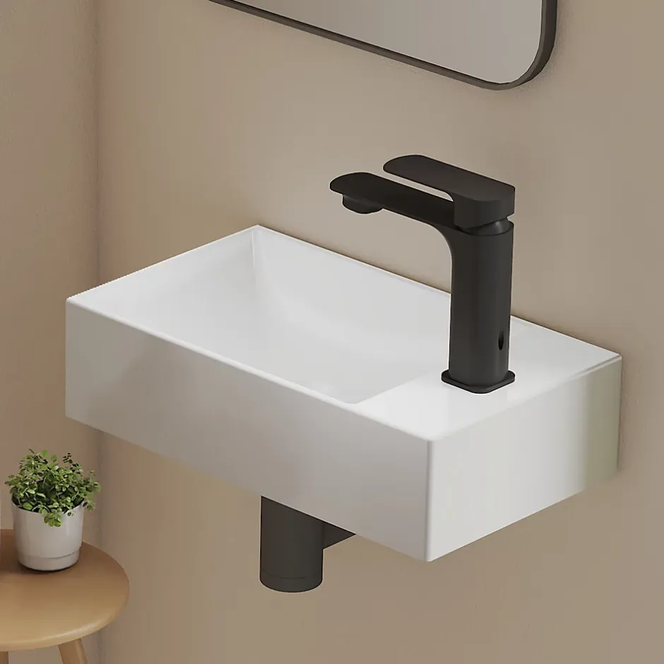 EMKE Lavabo Mural en Céramique 38x22x10cm, Blanc Brillant, Vasque Murale Carrée avec Trou pour Robinet* Lavabo