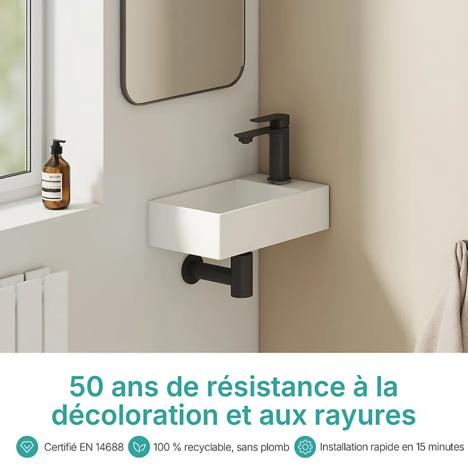 EMKE Lavabo Mural en Céramique 38x22x10cm, Blanc Brillant, Vasque Murale Carrée avec Trou pour Robinet* Lavabo