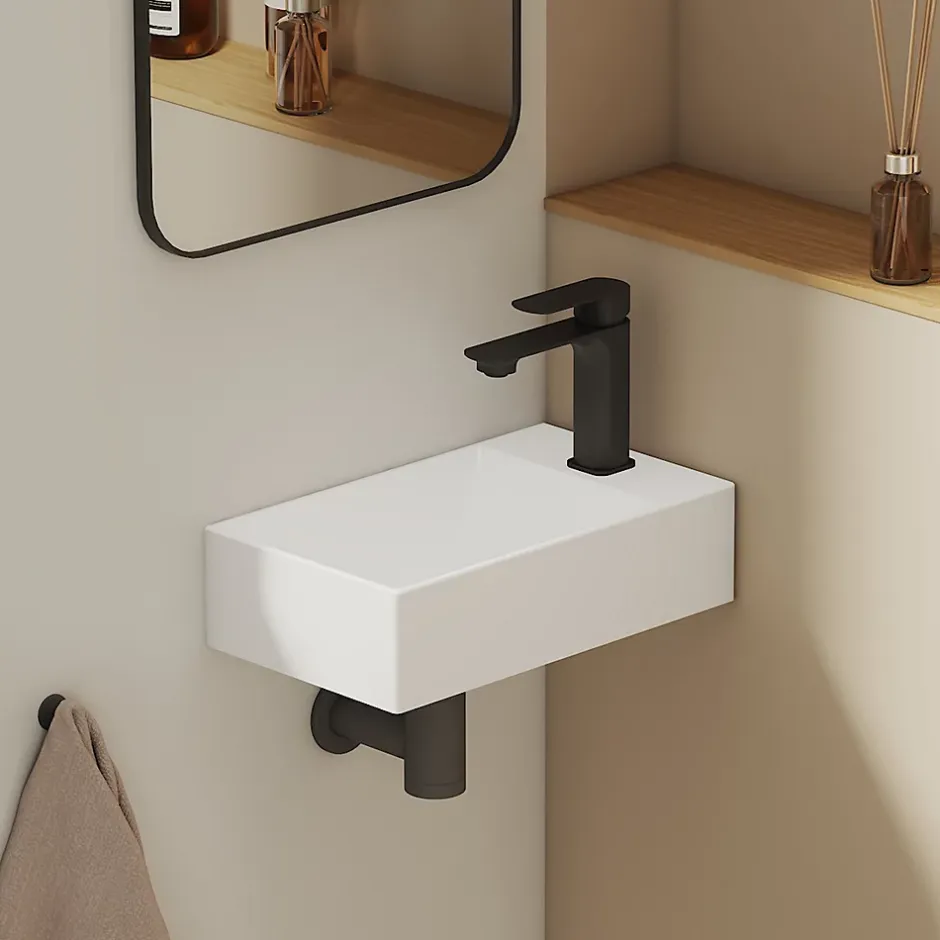 EMKE Lavabo Mural en Céramique 38x22x10cm, Blanc Brillant, Vasque Murale Carrée avec Trou pour Robinet* Lavabo