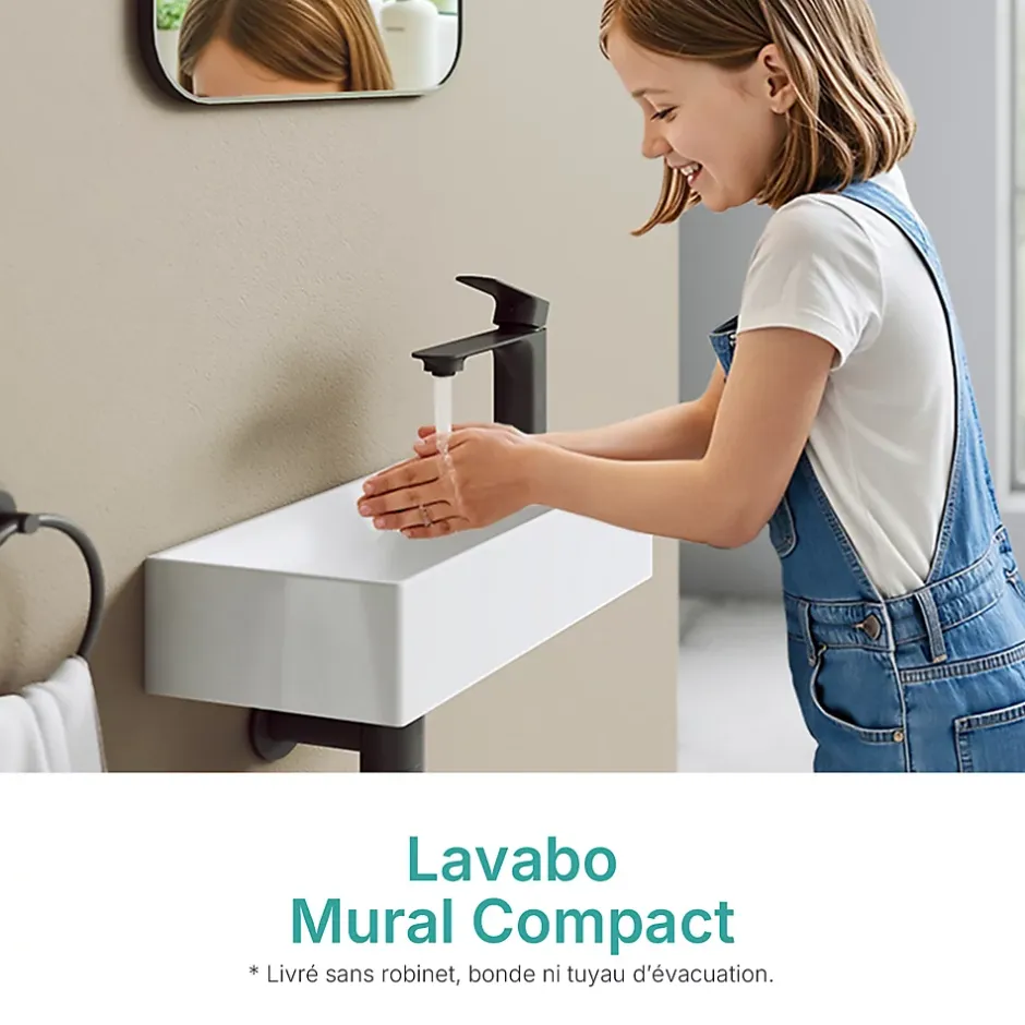 EMKE Lavabo Mural en Céramique 38x22x10cm, Blanc Brillant, Vasque Murale Carrée avec Trou pour Robinet* Lavabo