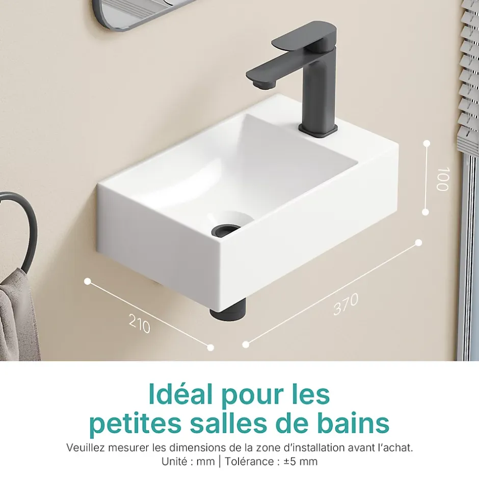 EMKE Lavabo Mural en Céramique 38x22x10cm, Blanc Brillant, Vasque Murale Carrée avec Trou pour Robinet* Lavabo