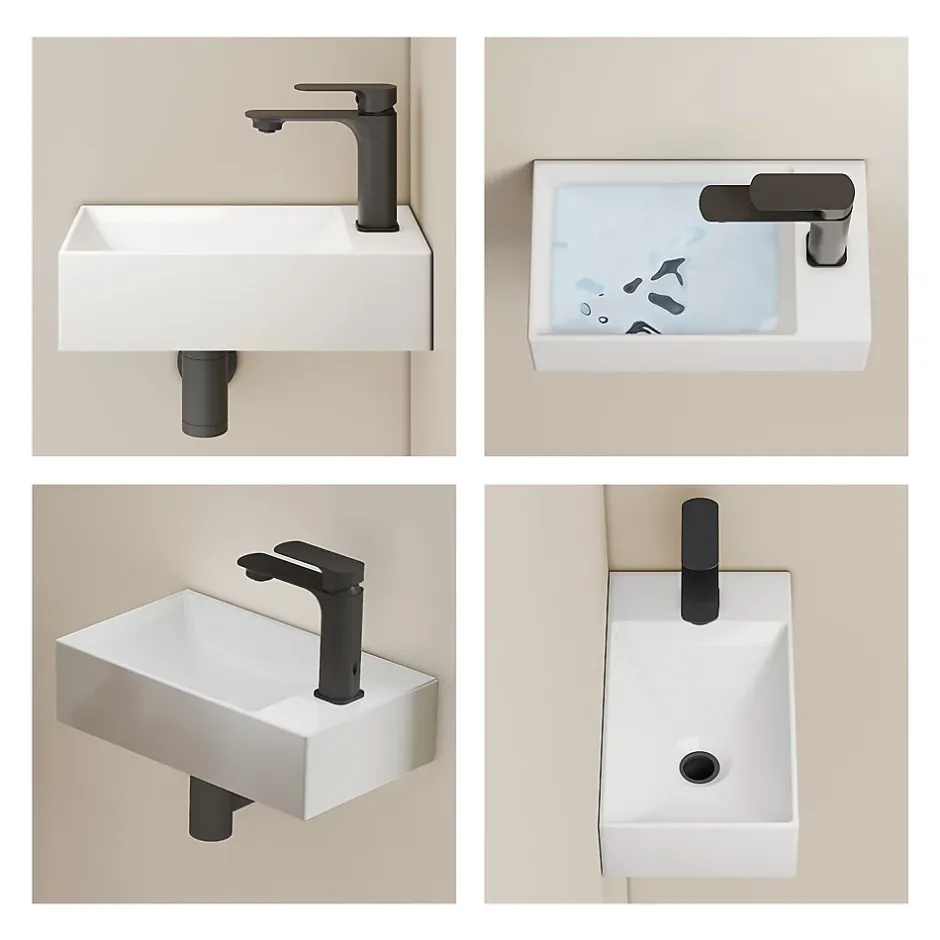 EMKE Lavabo Mural en Céramique 38x22x10cm, Blanc Brillant, Vasque Murale Carrée avec Trou pour Robinet* Lavabo